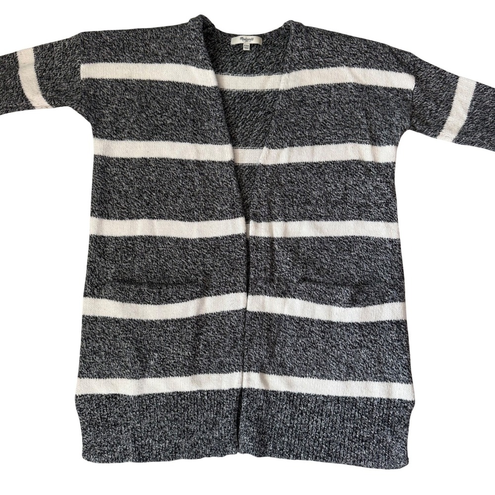 Madewell Striped Long Open Front Cardigan Sweater XXS Black White Pockets
